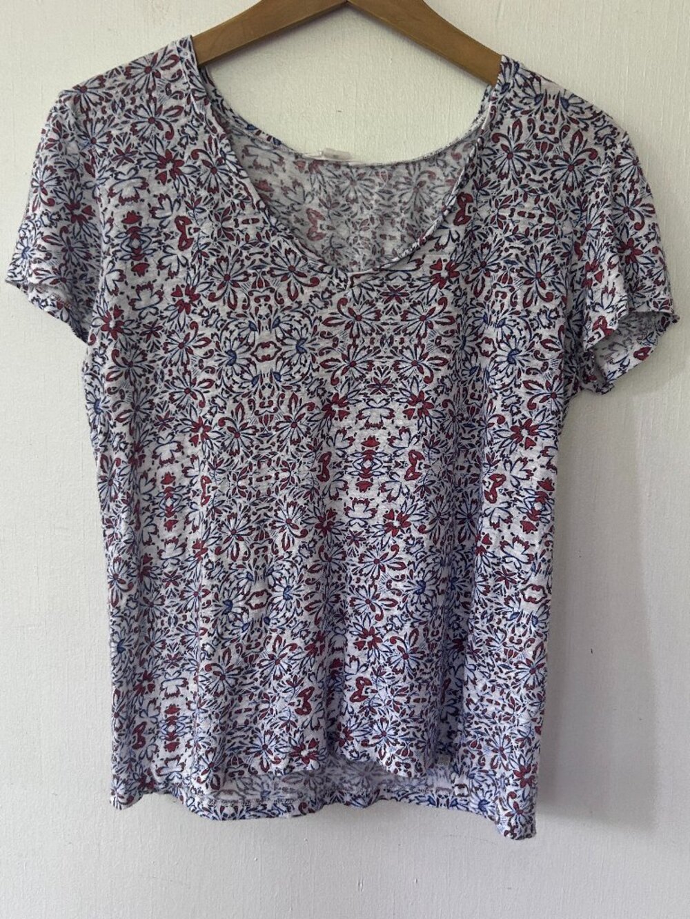 Caslon Blue Floral Linen Blouse Womens Small Boho Western Cottagecore Prairie